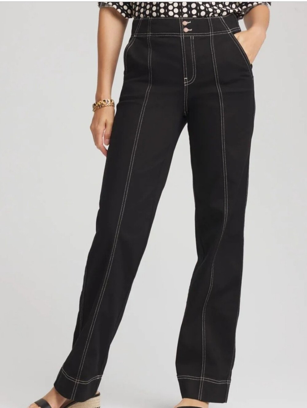 Chico's NWT Pull-on Sz 10 Black w/White Trim Wide-Leg Pants Cotton Rayon Blend